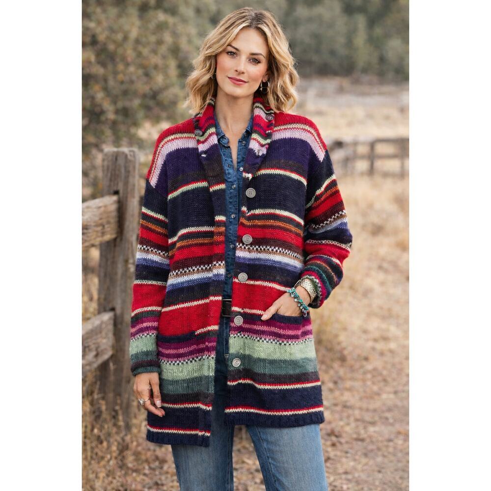 Vintage Chico’s Bold Stripe Boho Southwestern Cardigan Coat Size 2/Size Large